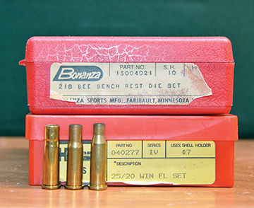 In the absence of 218 Bee cases for handloading, they are easily formed by first running Starline 32-20 Winchester cases through a 25-20 Winchester full-length resizing die and then through a 218 Bee full-length resizing die. A secondary shoulder will appear but it vanishes on the first firing and while the neck will be a bit shorter, it is not enough to matter. Trimming to the same length is the final step.